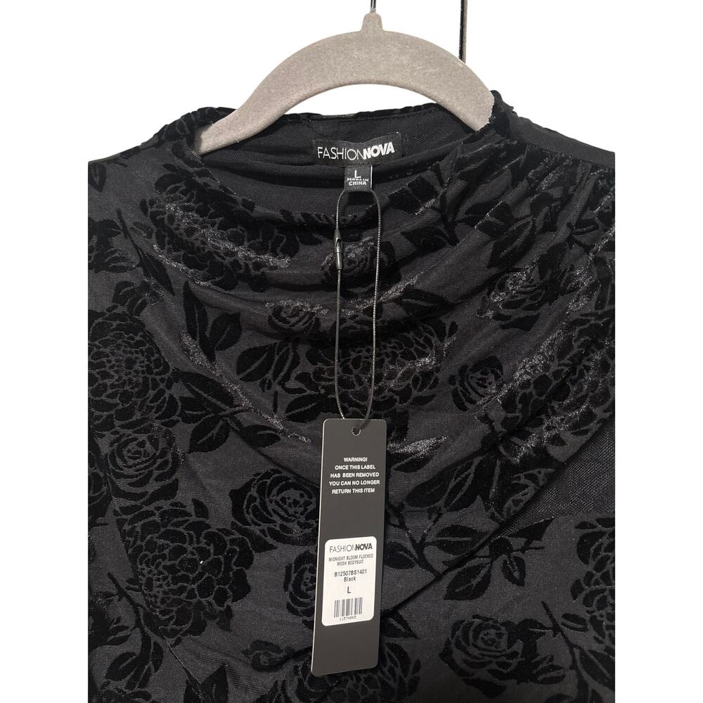 Fashion Nova Midnight Bloom Black Velvet Mesh Bodysuit L - Picture 6 of 8